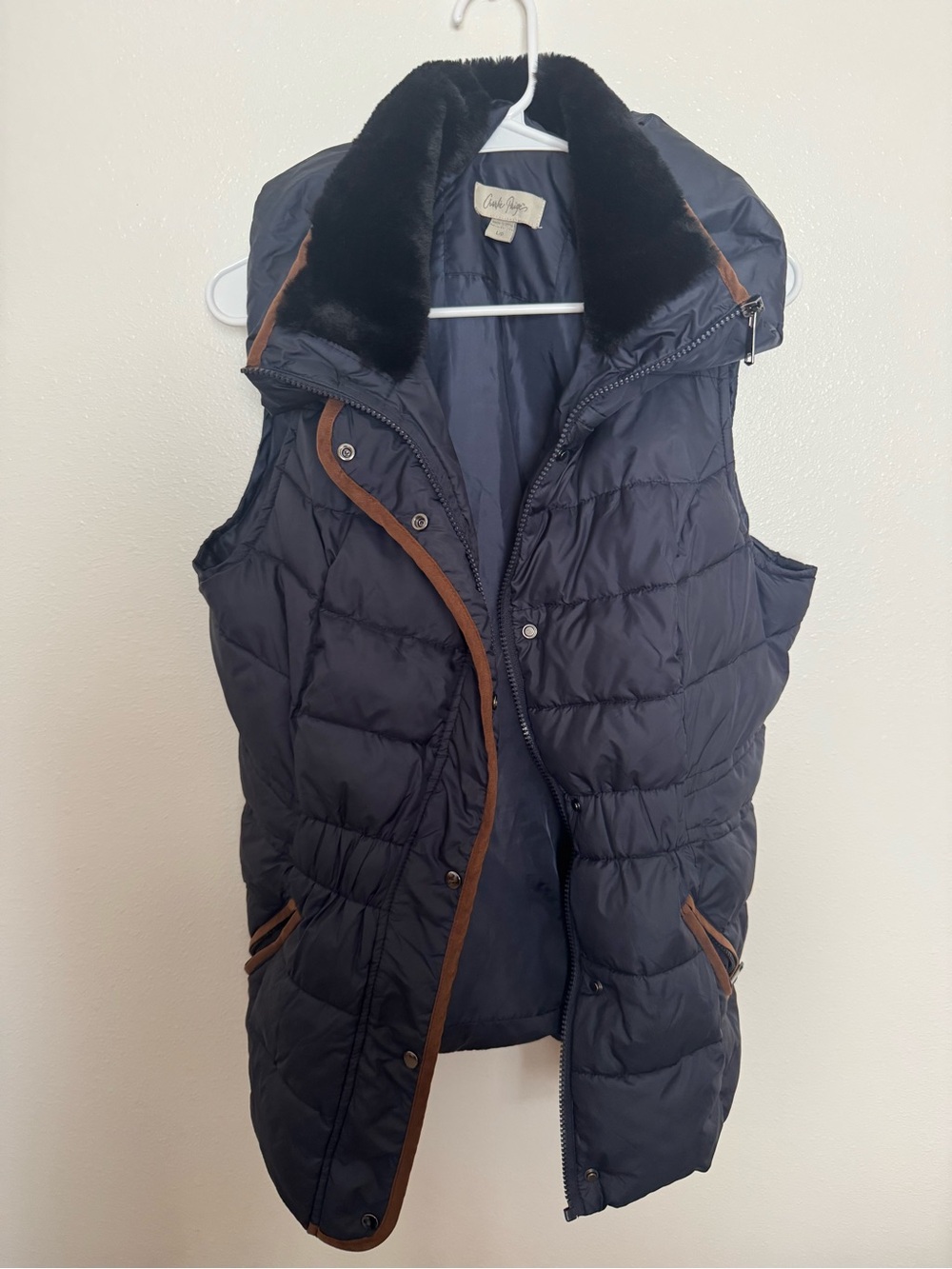 Charlie Paige Black Quilted Vest with Brown Trim